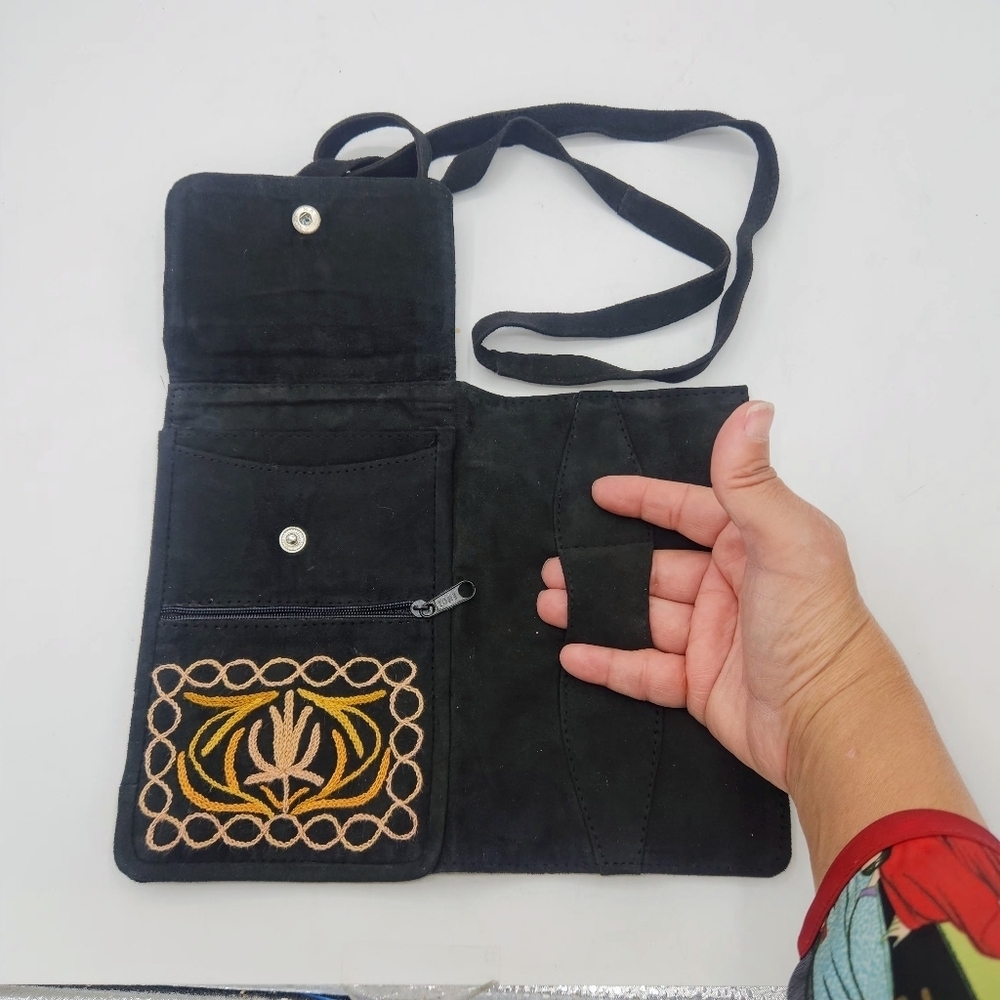 Versatile Black Soft Suede Embroidered Crossbody Belt Bag Wallet India